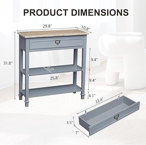 Miniatura 2 de kinbor Mesa consola delgada con cajón de almacenamiento grande y estantes, mesa de entrada estrecha de campo francés, mesa consola de madera para