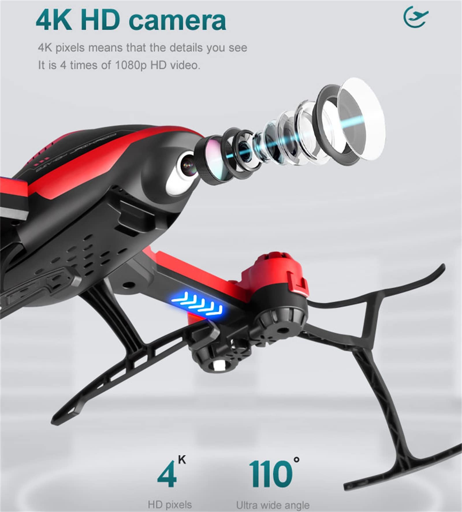 Drone 4k, Mini Drone telecomandato Telecamera Professionale HD WiFi 2.4Ghz Segnale ad Alta frequenza Drone con Telecamera 4k Telecomando Elicottero Quadcopter Giocattolo,Red