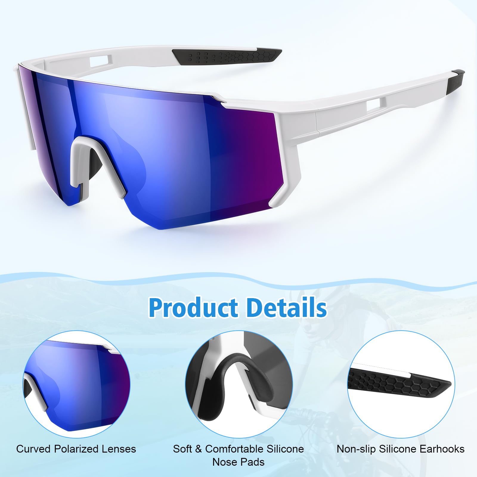 Lot de 3 Lunette de Vitesse, Protection UV400 Lunette Running Femme Homme, Ultra-Léger Lunette Velo, Lunettes de Cyclisme avec Plaquettes Nasales Réglables, pour Vtt, Cycliste, Randonnée, Ski