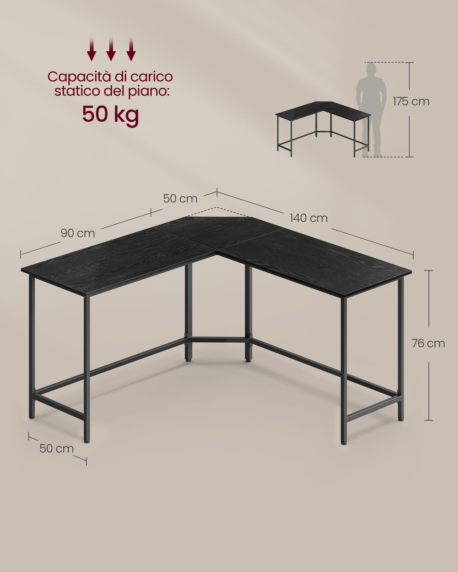 VASAGLE Scrivania per Computer a Forma di L, 140 x 140 x 76 cm, Scrivania ad Angolo, per Ufficio Studio, Nero Ebano e Nero Inchiostro LWD073B56V1
