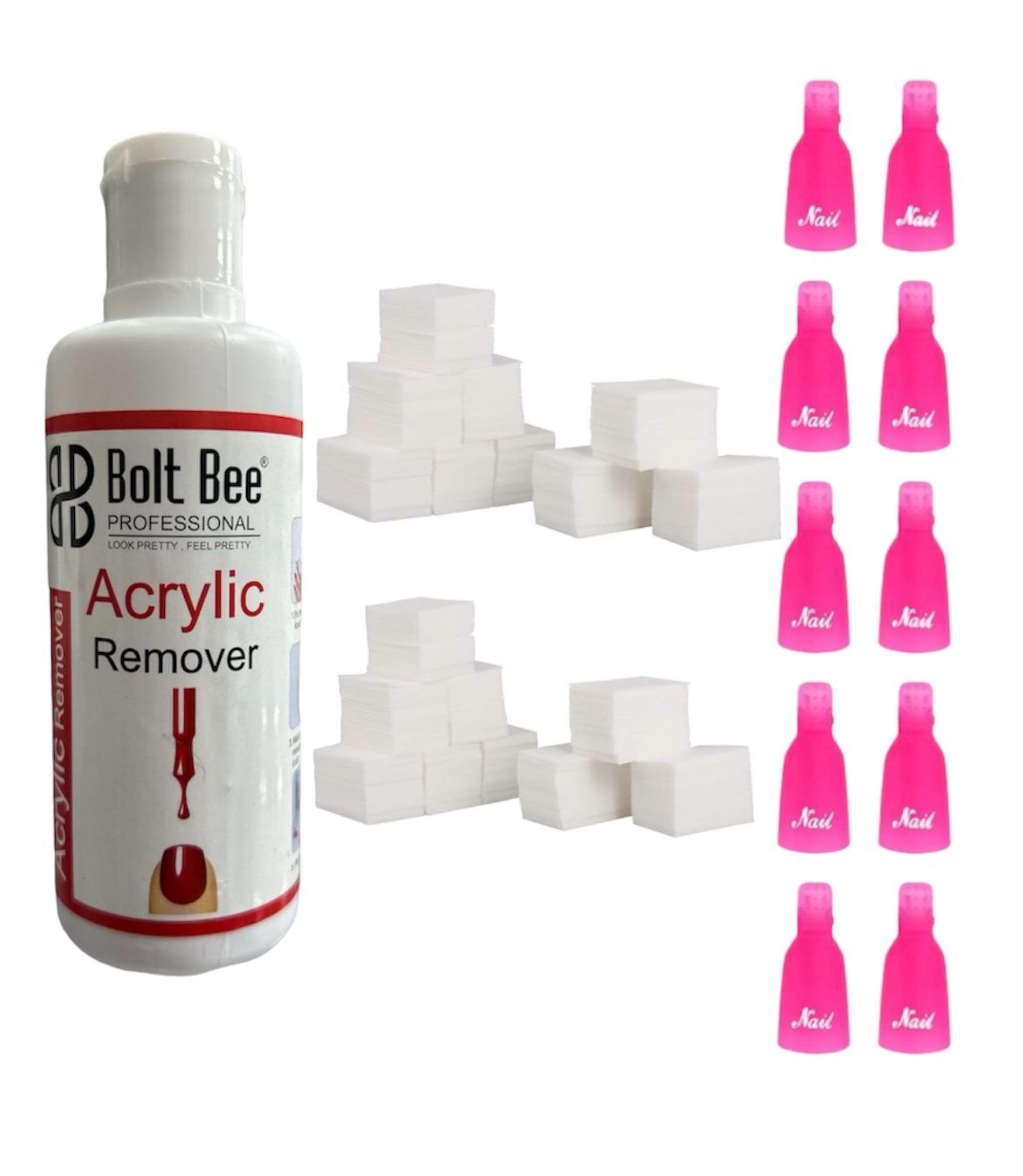 Acrylic Remover kit, acrylic remover 100ML, 1000pc ling free wips, 10Pcs Plastic Acrylic Nail Art Soak Off Cap Clip UV Gel Polish Remover Wrap Tool