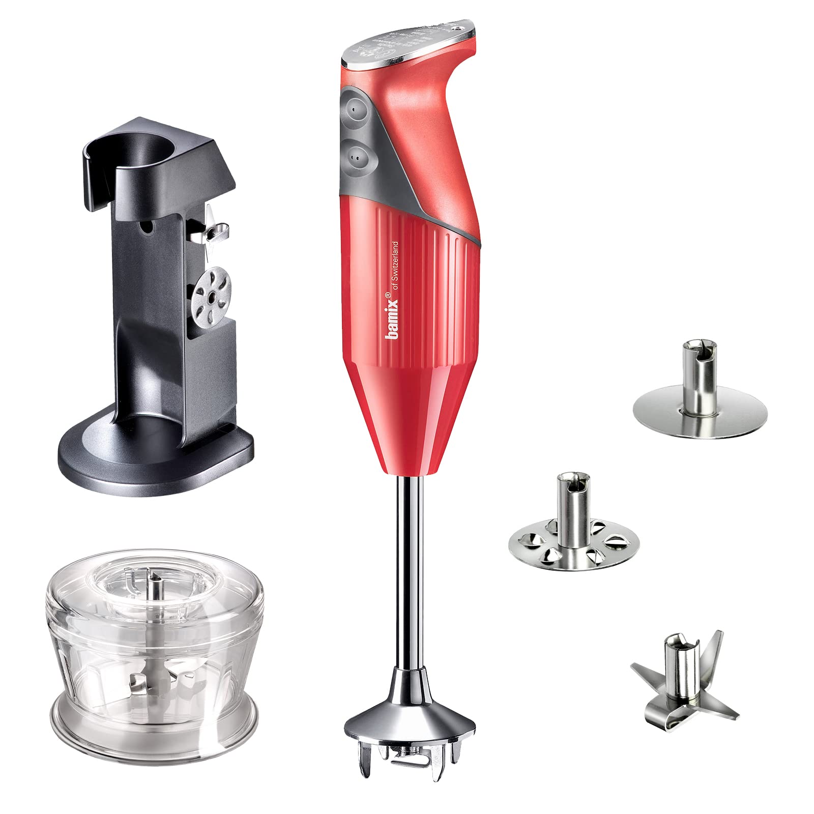 bamix Blender ręczny M200 MONO C3 wraz z nożem wielofunkcyjnym, trzepaczką, tarczą udarową, kubkiem, uchwytem, 200 W, 2-stopniowy, stal nierdzewna, Made in Switzerland - czerwony