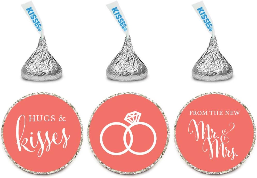 Andaz Press Chocolate Drop Labels Stickers, Wedding Hugs & Kisses from The New Mr. & Mrs, Deep Coral, 216-Pack, for Bridal Shower Engagement Kisses Party Favors Decor