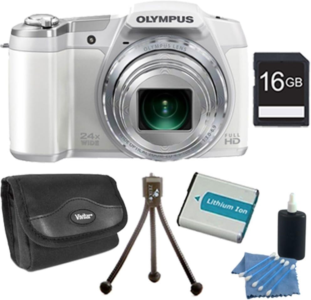 Olympus Stylus SZ-16 iHS Digital Camera (White) Bundle with 16GB Memory Card, Replacement Lithium Battery, Deluxe Carrying Case, & More