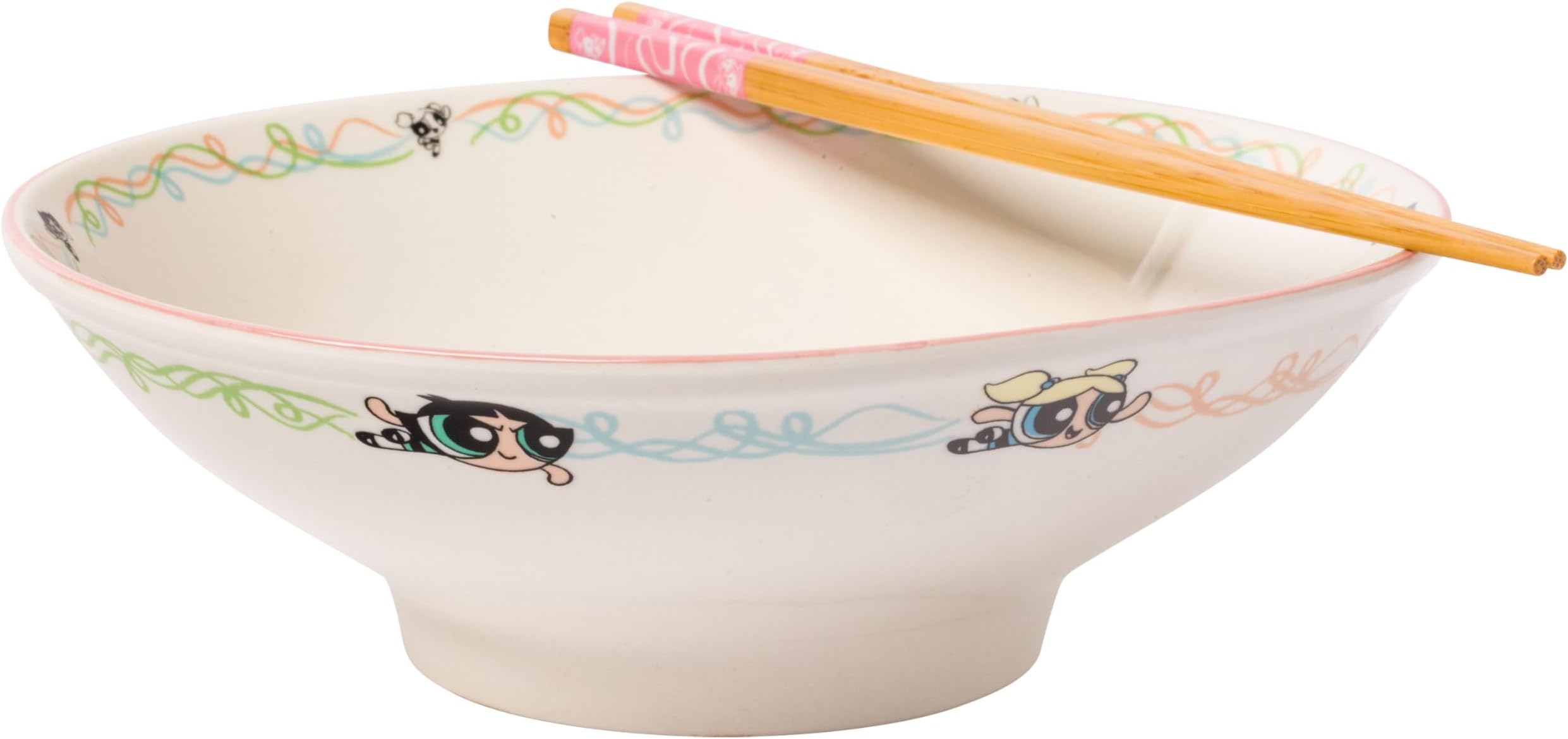 Silver Buffalo The Powerpuff Girls Ceramic Ramen Noodle Rice Bowl with Chopsticks, Microwave Safe, 30 Ounces