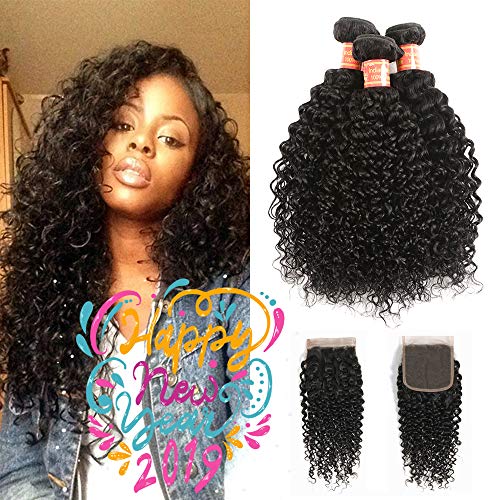 HPH 8A Brazilian Kinky Curly Virgin Hair 3 Bundles With Lace Closure Unprocessed Brazilian Curly Human Hair Weave Weft With Free Part Closure Natural Black Color (16" 18" 20"+14" Free Part)