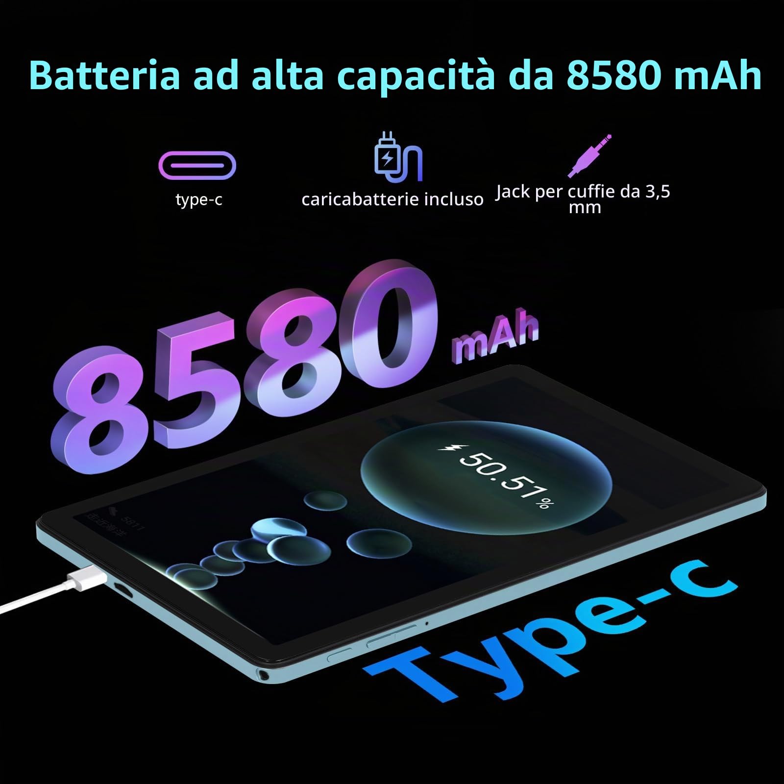 Tablet 10 pollici Android 15 20GB RAM +128GB ROM, Batteria ​​8580 mAh, ​​Octa-Core​​, 5G WIFI Tablet pc, 5+13MP ​​Fotocamera​, ​​Bluetooth​5.2 (​Blu)