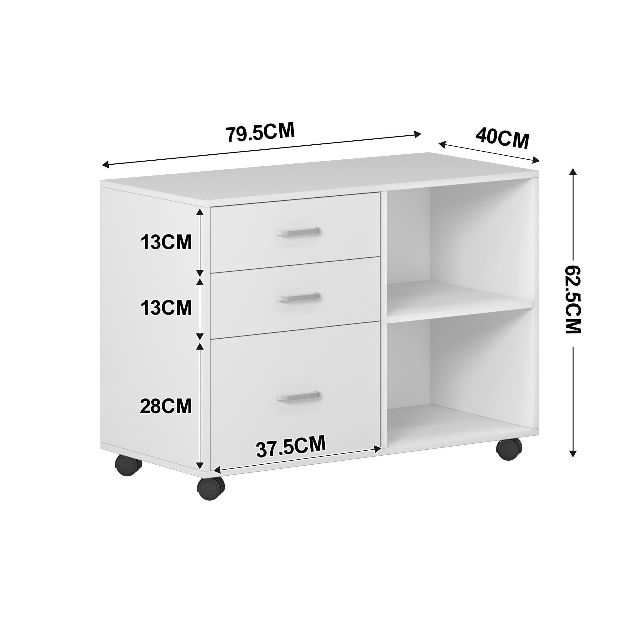 SogesHome Armadietto da ufficio, in legno, con 3 cassetti e 2 ripiani aperti per formato A4, legale, formato letter, 80 x 40 x 63 cm