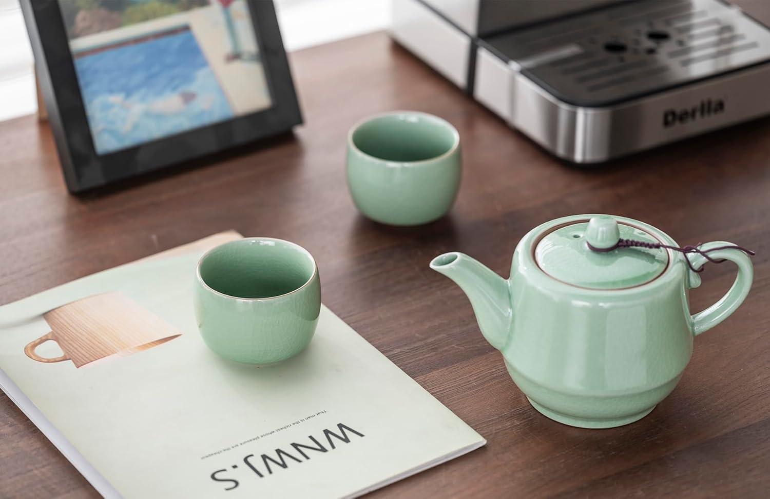 Ceramic Espresso Cups Set of 4 Coffee Mugs 5oz Tea Cups Teapot Accessories (Olive Green) - Image 4