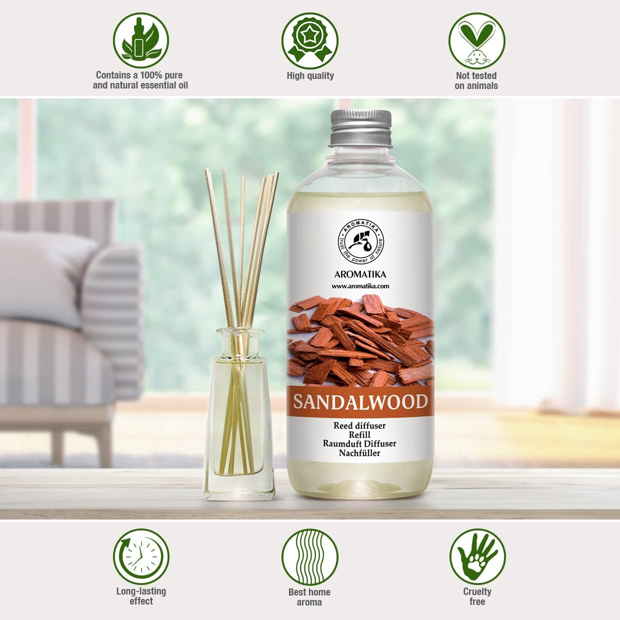 Reed Diffuser Refill Sandalwood 17 Fl Oz (500ml) - Room Diffuser - Home Fragrance - Scented Diffusers for Aromatherapy - Air freshener - Fresh/Intensive Fragrance - Image 5