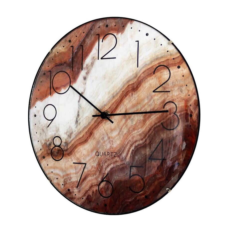 Darthome Brown Marble Effect Clock 30cm Round Wall Mounted Battery Modern Kitchen Decor