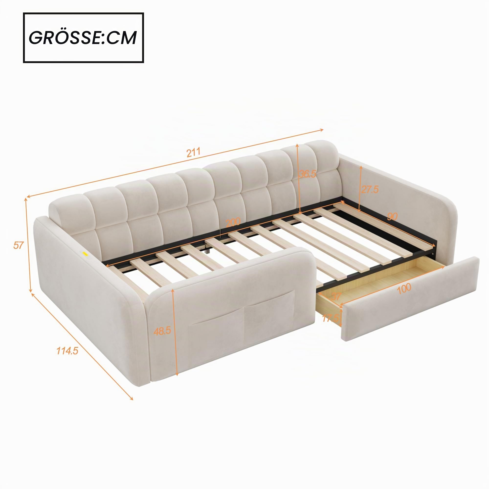 Kinderbett Bodenbett 90x200, Polsterbett Montessori Bett mit Schublade, Nachtlicht und Ladeanschluss, Gitterbett Jugendbett Einzelbett mit Rausfallschutz und Lattenrost, Samt, Ohne Matratze, Beige