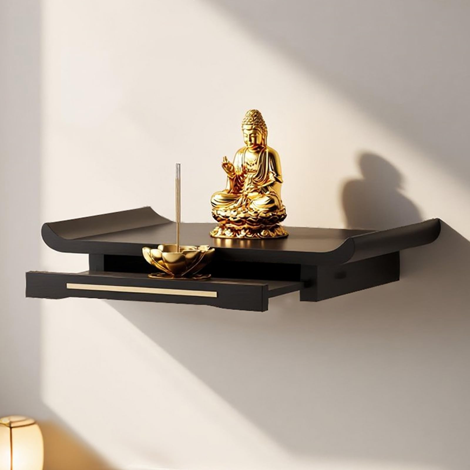 JNTFNE Altar shelf,Household Solid Wood Cabinet Niche with Drawer Wall-Mounted Buddha Statue Stand Shrine Table for Pooja and Incense Tribute(Dark walnut,58cm/22.8in)