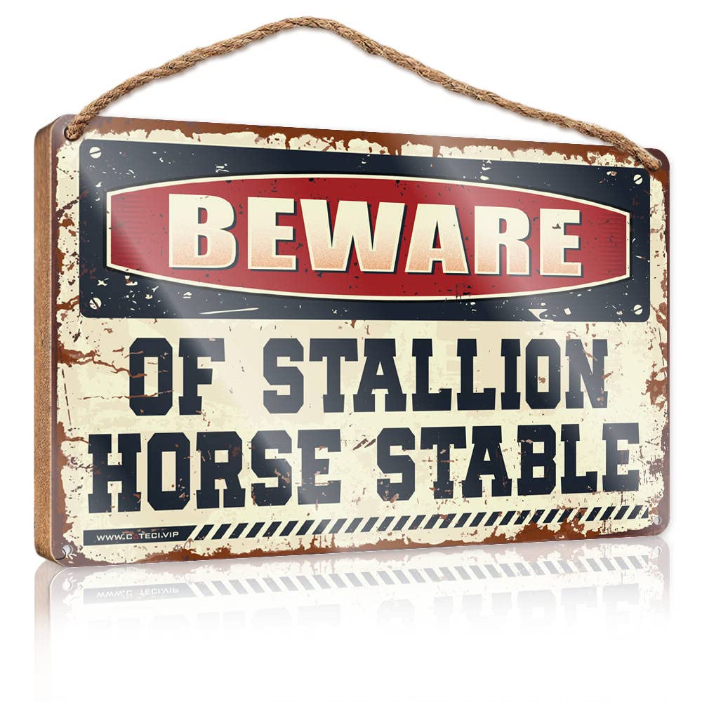 IBWNBBUSN Funny Room Signs Beware Of Stallion Horse Stable Wooden Sign Hanging Wooden Plaque Hanging Bathroom Sign