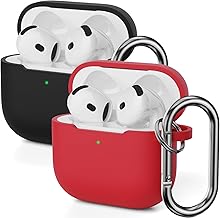 Mocarheri Funda de Silicona Compatible con AirPods 4.ª Generación con Moschettone, Fundas Protectora de Silicona para AirPods de 4 Generacion 2024, LED Visible Frontal,Rojo/Negro (2PCS)