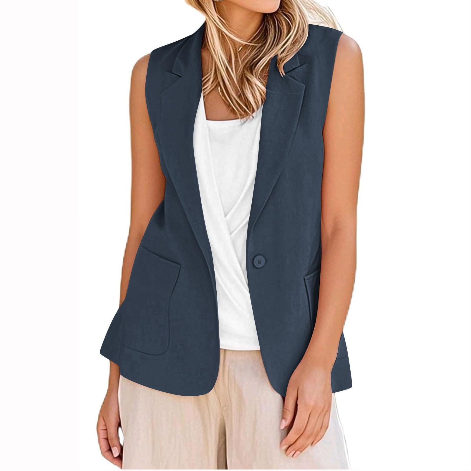 Blazer Vest for Women Summer Business Casual Sleeveless Open Front Lapel Blazers Work Office Jackets with Pockets