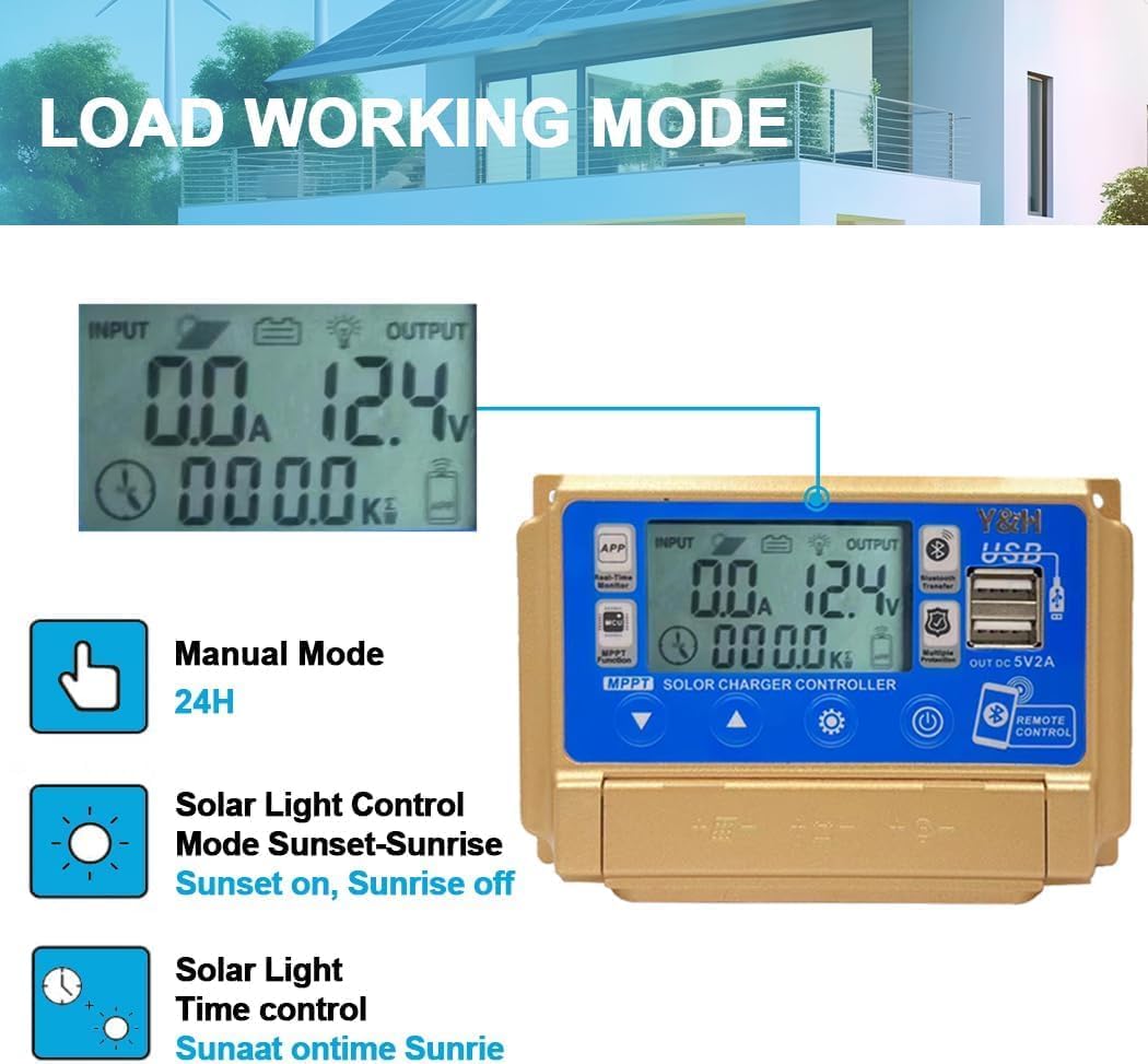 Close-up of Y&H BL917 Solar Charge Controller LCD screen