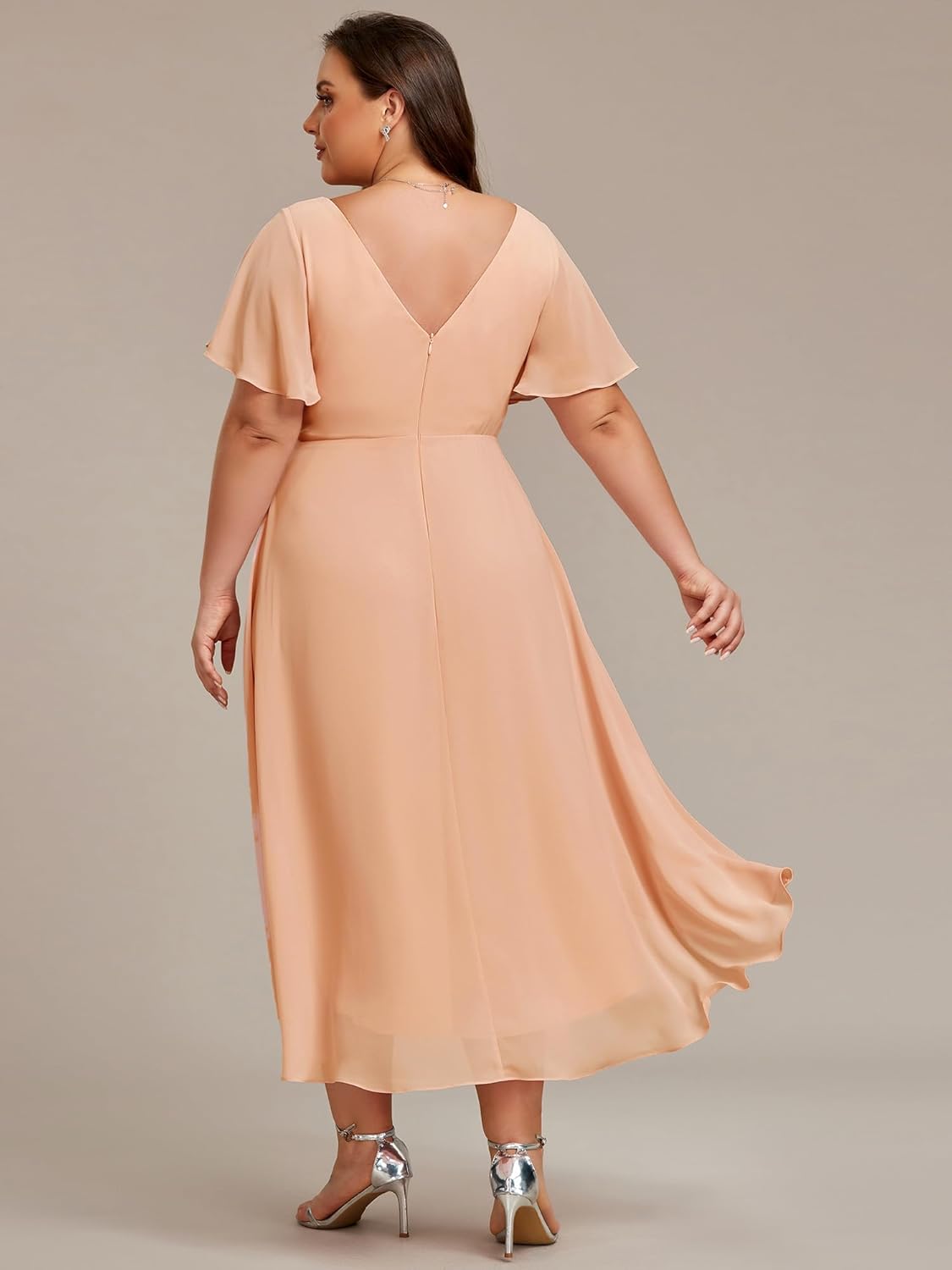 Ever-Pretty A Line V Neck Chiffon Short Sleeves High Low Knee Length Plus Size Wedding Guest Dresses for Curvy Women 01923-DA