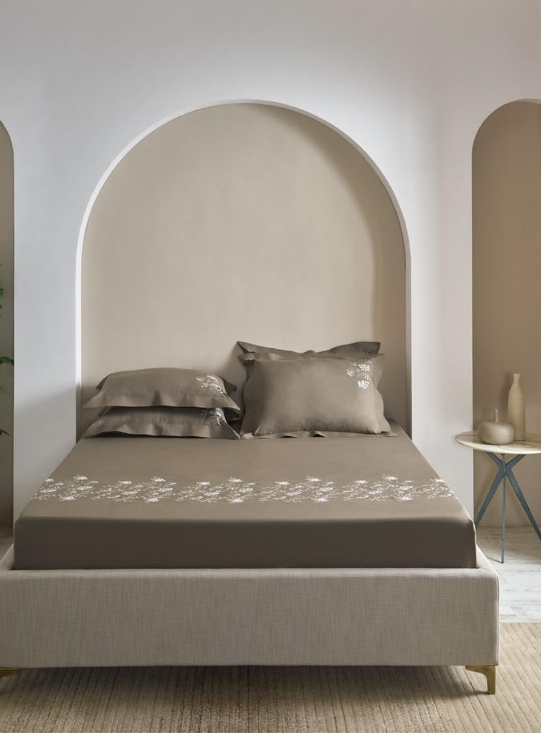 D'Decor 300 TC King Embroidered Bed Sheet - King Size - 100% Cotton with 2 Pillow Covers- Solid Color with Embroidery - EB251 | Roasted Cashew