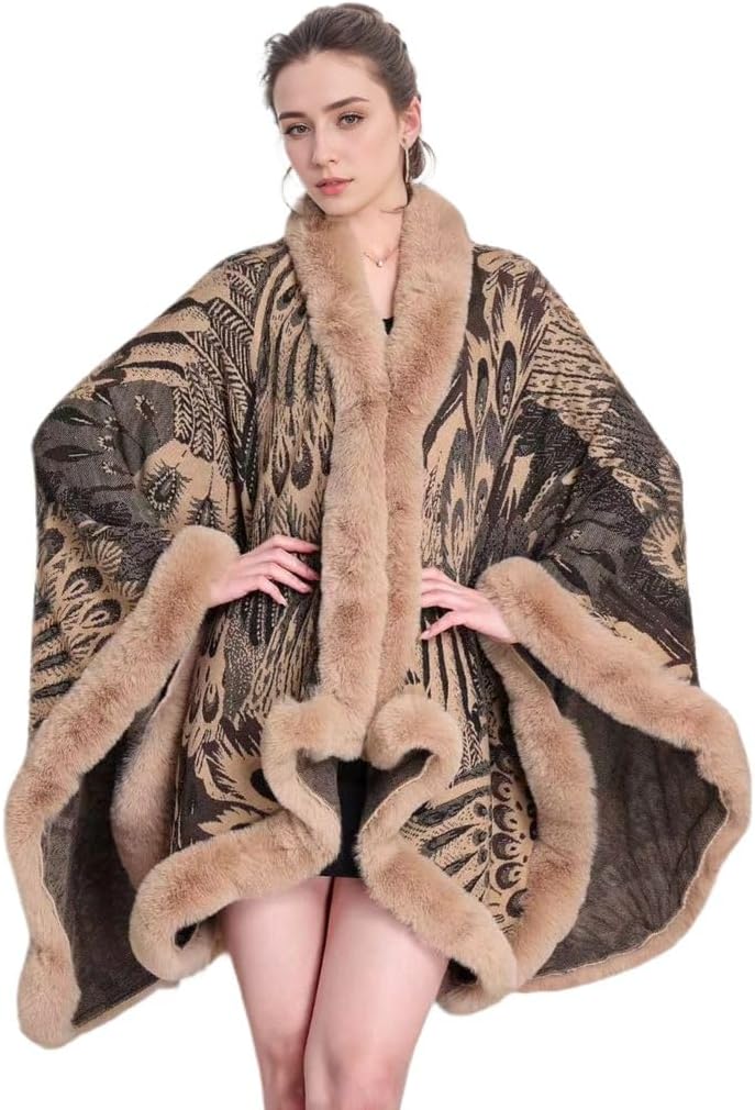 Peacock Pattern Faux Fur Shawl for Women Fur Trim Cardigan Cloak Coat Fur Collar Poncho Cape Wraps for Evening Dresses