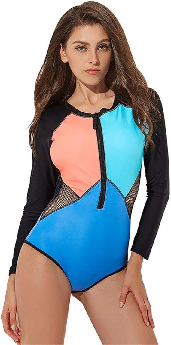 Amazon レディース 水着 ダイビング ラッシュガード ワンピース 女性 ジャンプスーツ カラー スプライシング サーフ ジッパー着用 長袖 ワンピース 水着 レディーズ ホット すてき トップス 短い タンキニ 通販