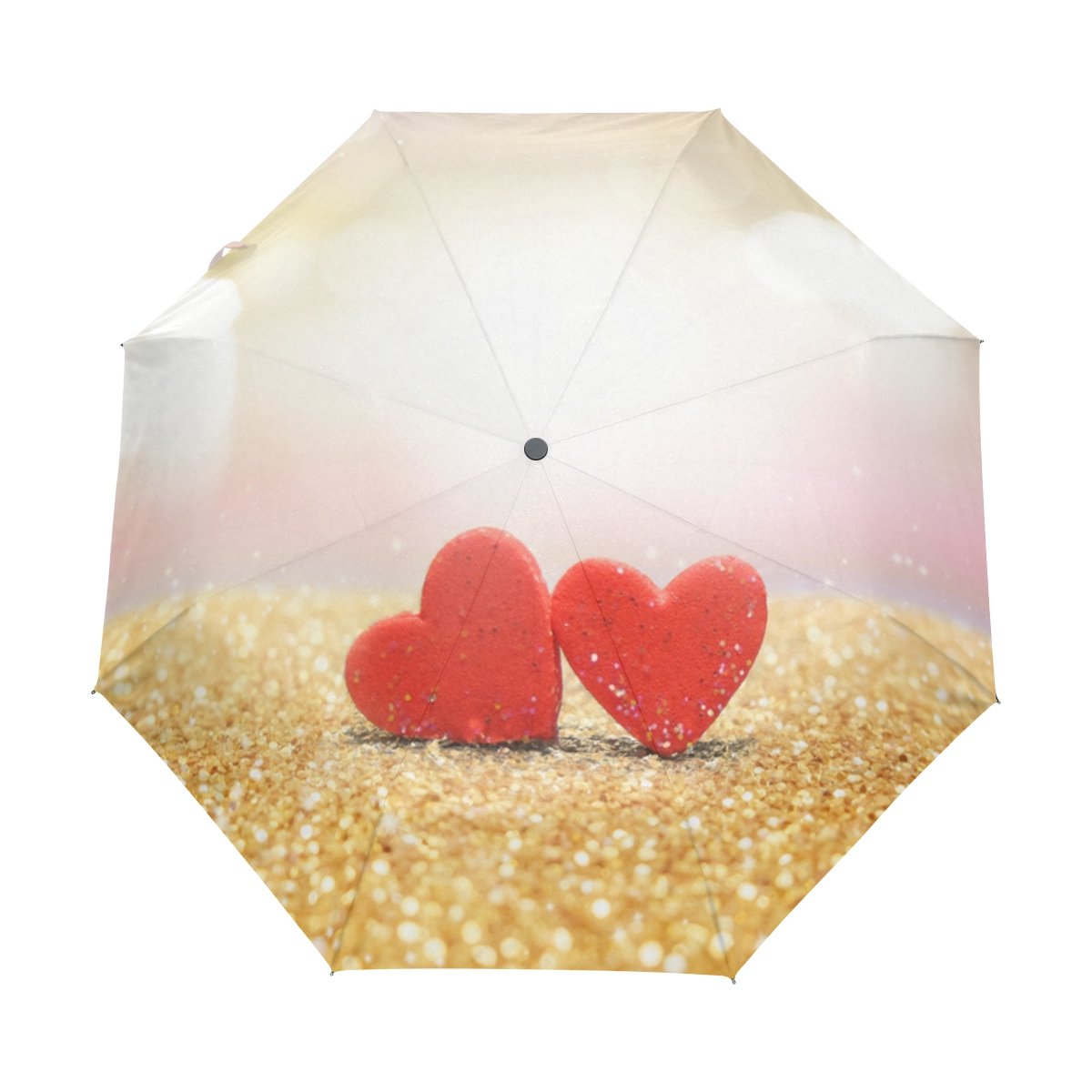 Naanle Red Heart Shine Sparkling Glitter Gold Auto Open Close Foldable Travel Umbrella
