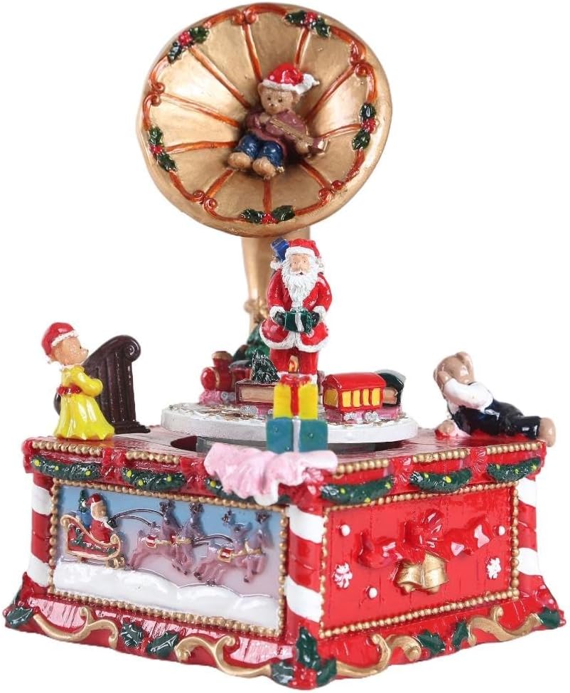 Lightahead Christmas Musical Gramophone – Rotating Santa, Bears & Train Figurines – Festive Polyresin Music Box with Seasonal Melodies