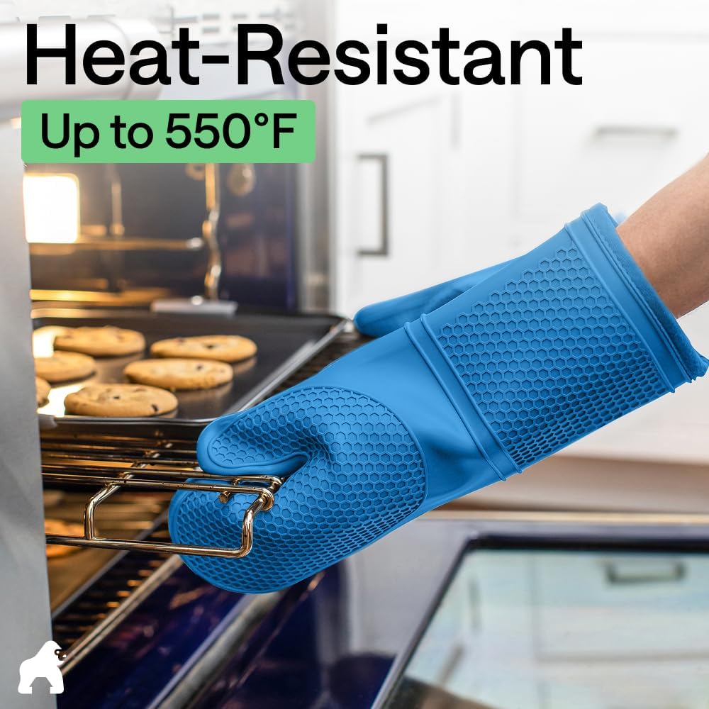 GORILLA GRIP BPA-Free Soft Silicone Oven Mitts, 550F Heat Resistant Waterproof Cooking Safety Gloves, Thick Cotton Lining, Flexible Gripping for BBQ Grilling, Kitchen Potholders Set, 12.5x8.3, Aqua