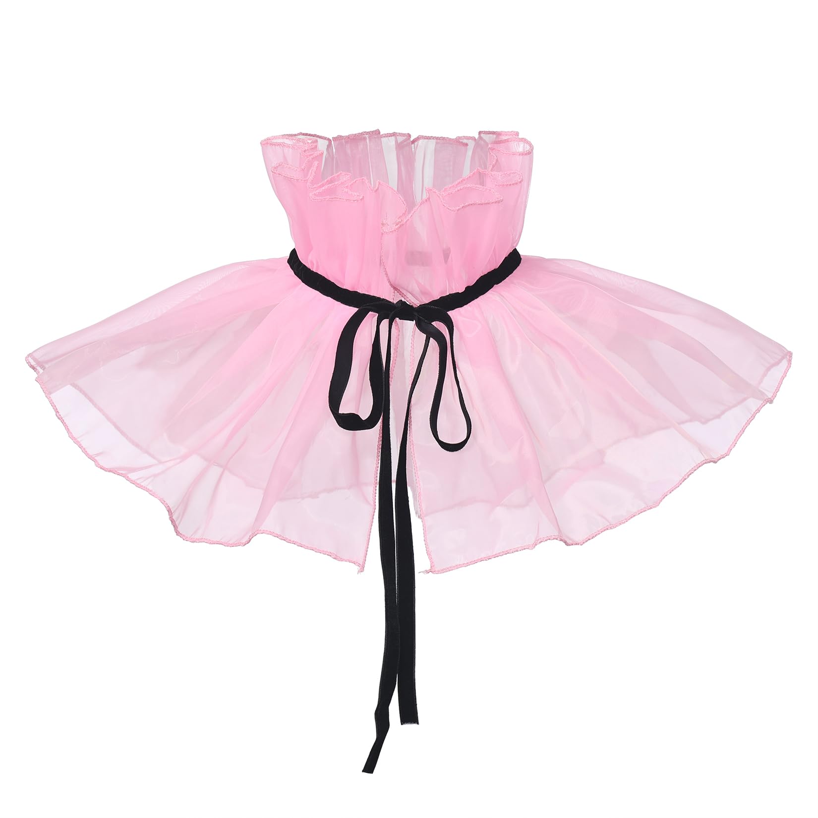 Mavikim Unisex Ruffled Tulle Fake Collar Vintage Detachable Black Ribbon Lace-Up Clown Neck Scarf Semi-Sheer Mini Cape