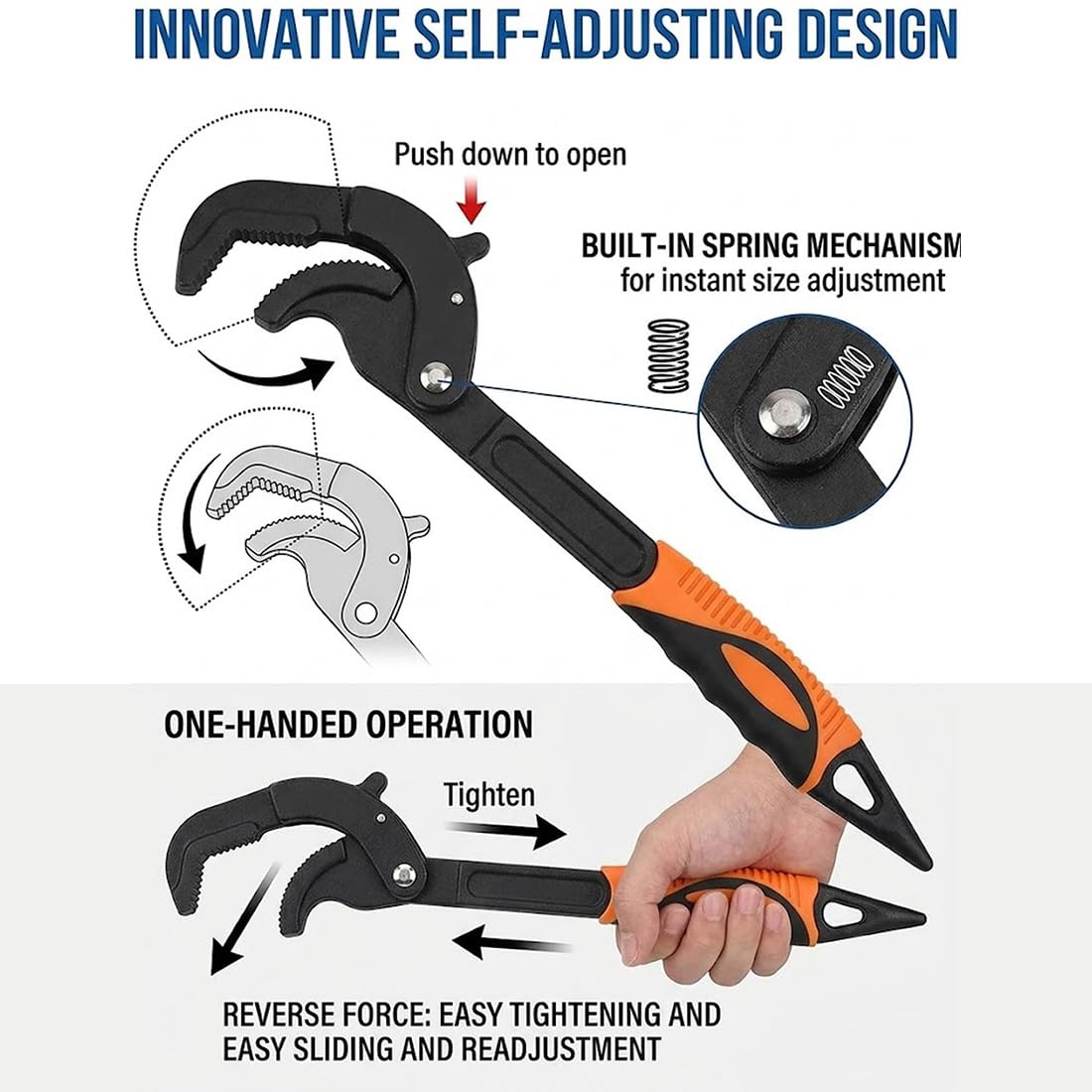 Llave Universal De Ahorro De Esfuerzo, Llave Autoajustable, Llave De Tubo Con Agarre Rápido Power Grip, Set De Llaves Autoajustables Para Tuercas, Tubos, Accesorios Y Reparación (Orange,2 pcs)