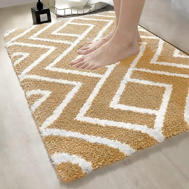 Image of Microfiber Shaggy Striped Design Bath Mat | Non Slip TPR Backing Absorbent Plush Door Floor Rug for Shower Bathroom Kitchen Living Room Home Decor (40x60 cm, Beige and White)