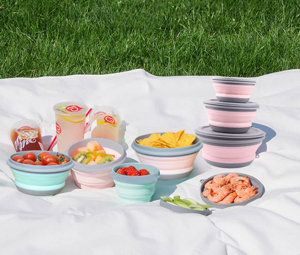 Collapsible Bowl Sets, 3 Pcs Portable Food Storage Outdoor Tableware, Silicone Folding Lunch Box Salad Bowl with Lid for Outdoor Camping Hiking