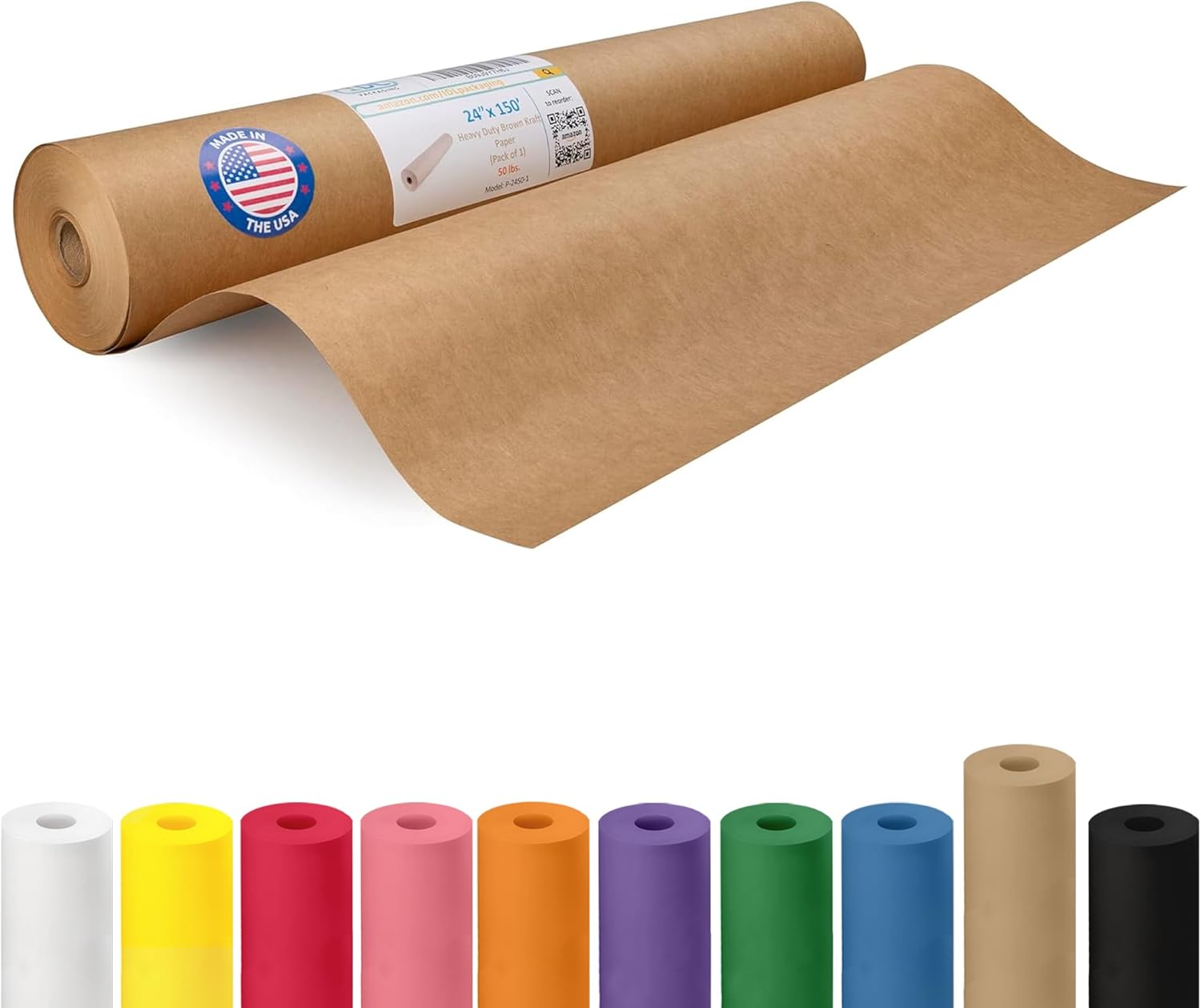 idl packaging brown paper roll 24" x 1800" (150 feet) - usa-made thick brown wrapping paper 50lb thickness for packing, moving, shipping & crafts/arts - 100% recycled natural craft wrap material 24"x150' (#50 thick) brown pack of 1
