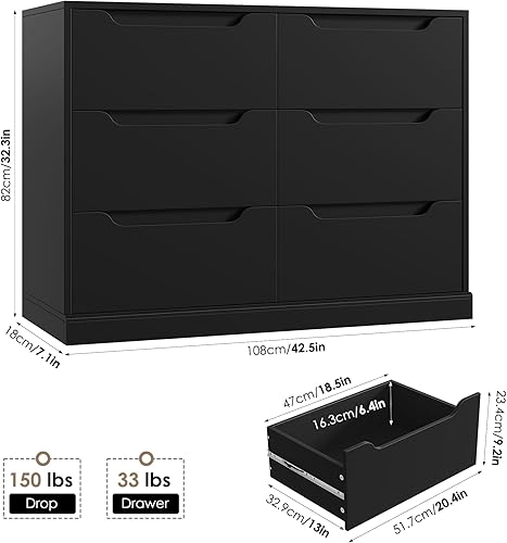 Miniatura 3 de HOSTACK Cómoda moderna de 6 cajones para dormitorio, cómoda doble con almacenamiento, organizador grande de almacenamiento de madera con asa
