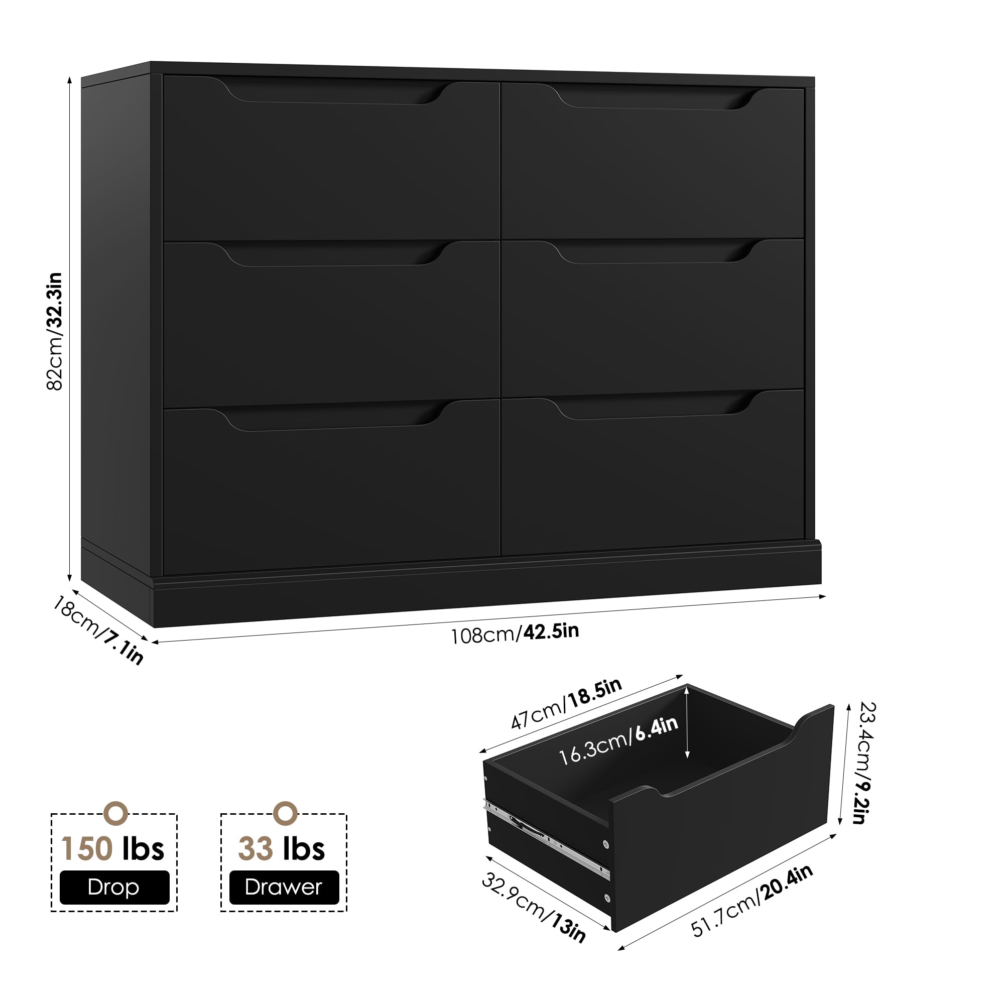 Dimensions and weight capacity of the dresser