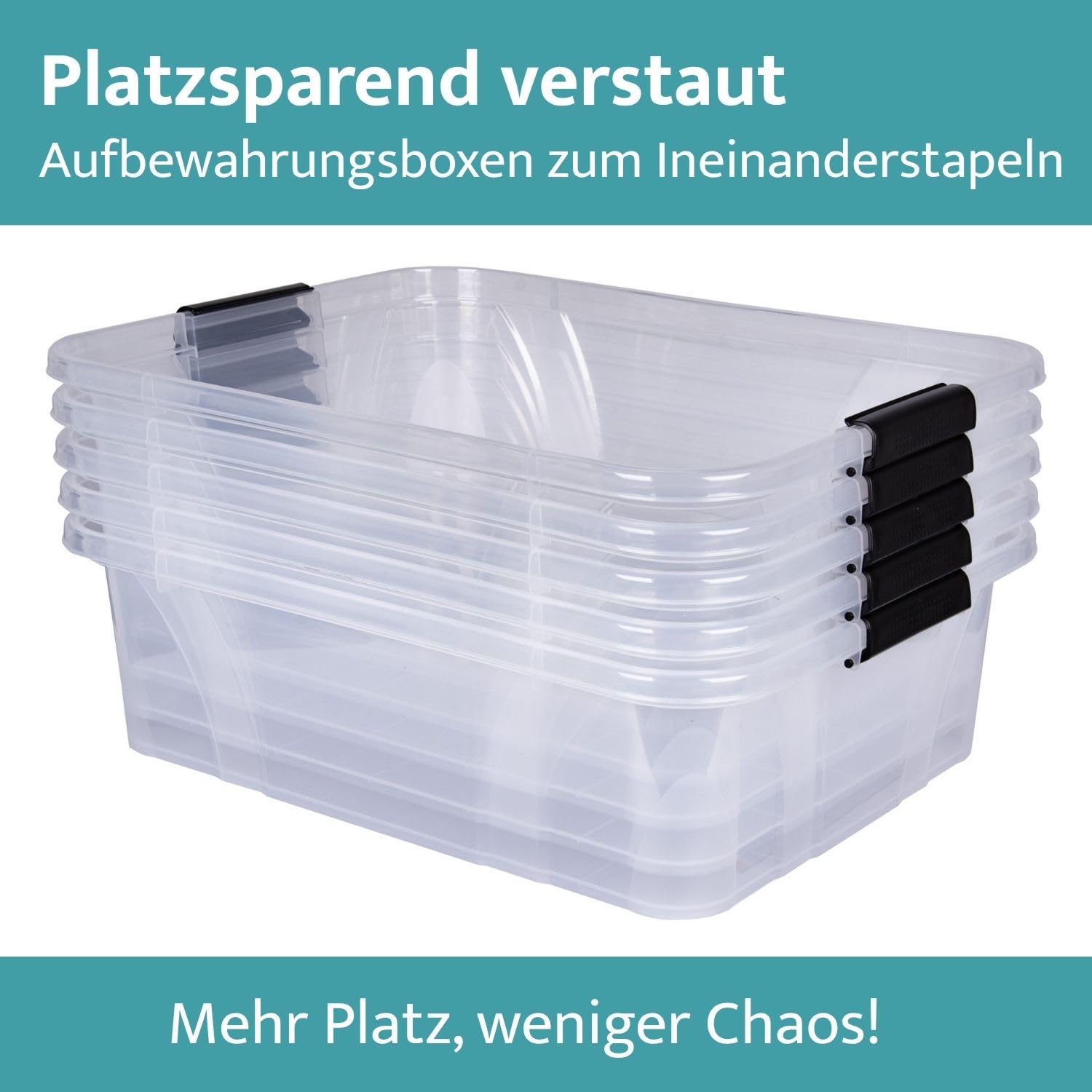 Aufbewahrungsbox + Deckel 5er Set, transparent versch. Gr. stapelbar | Lebensmittelbox Transportbox Vorratsbox Lagerbox Wäschebox Kunststoffbehälter Campingbox Wohnmobilbox (L51xB38,5xH14,8cm - 21l)