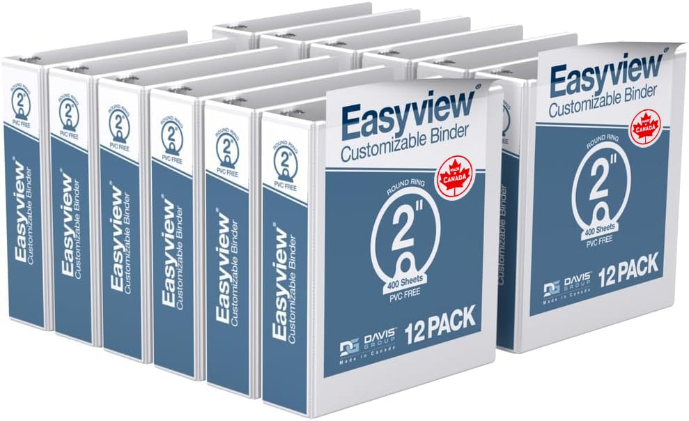 Image of Easyview 3-Ring Binder, Clear-View Cover, 2 inch Round Rings, White, 12 Pack | Heavy-duty binder, fits 8.5 inch x 11 inch paper, customizable cover, made in Canada, ideal for school or office use