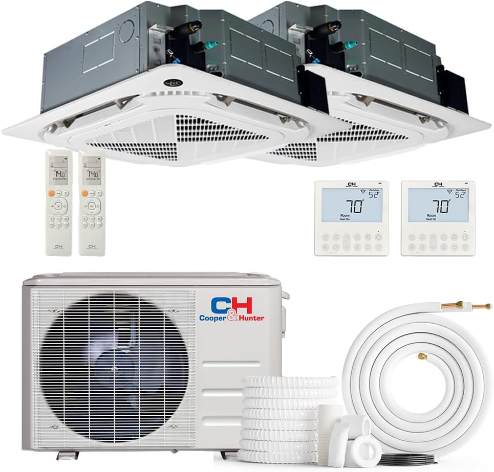 Cooper & Hunter 18,000 BTU, 25.1 SEER2, Dual Zone 12,000 + 12,000 BTU Ductless Mini Split Ceiling Cassette Air Conditioner with Heat Pump, including 25ft Installation Kits