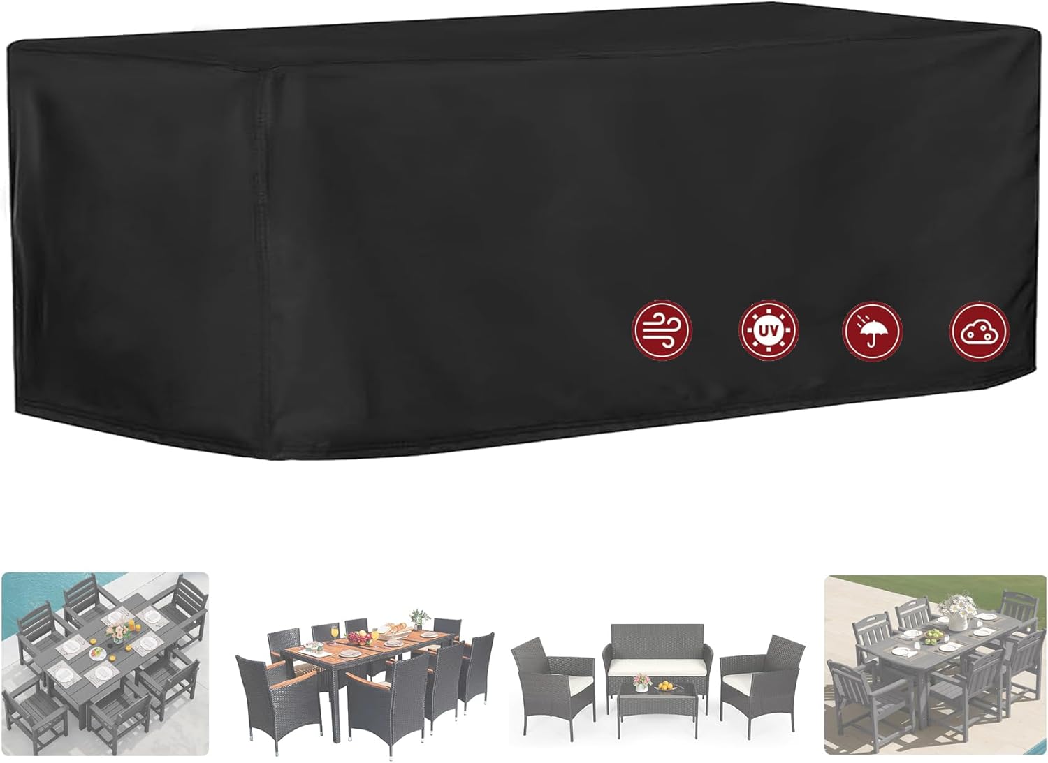 Patio Dining Table Sets Cover, Outdoor Dining Furniture Set Cover for Table with 6-8 Chairs, Patio Furniture Set Cover for 4-Piece Conversation Set, Waterproof and Windproof, 78" L× 62" W× 30" H