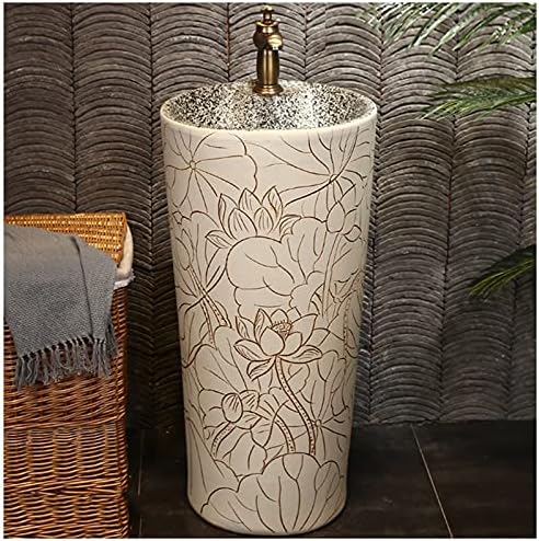 YRRA Modern Ceramic Bathroom Basin Sink with Full Pedestal and One Tap Hole Round Freestanding Sink Ceramic Basin Sink and Pedestal Bathroom,K