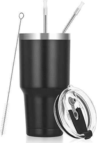 Miniatura 1 de Lifecapido Vaso de acero inoxidable de 30 onzas, taza de café aislada, vaso de viaje aislado al vacío de doble pared con tapa y pajita, taza de