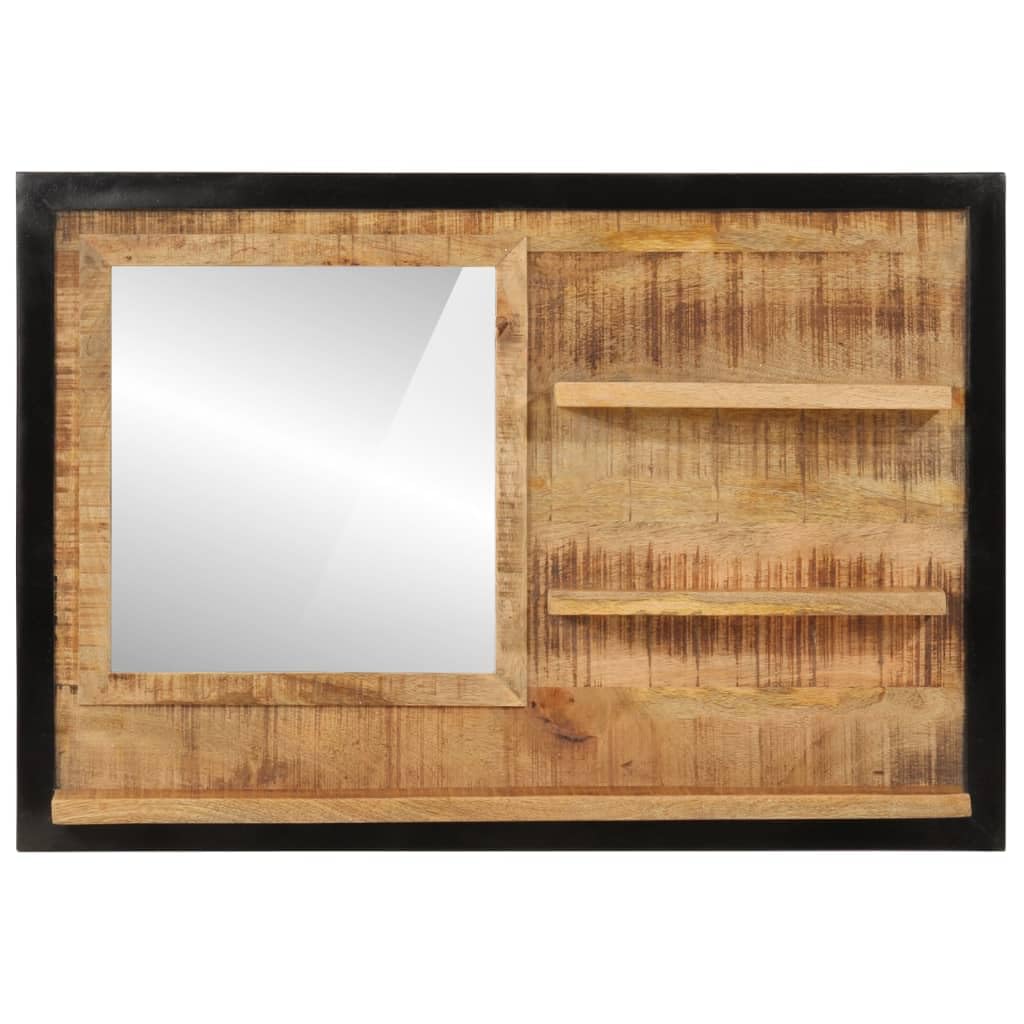 Wandspiegel mit Ablage 80x8x55 cm aus Massivholz Mango und Glas, Badezimmerspiegel mit Ablagen für Stauraum, klare Spiegelung für Make-up und Rasur, wandmontierbar