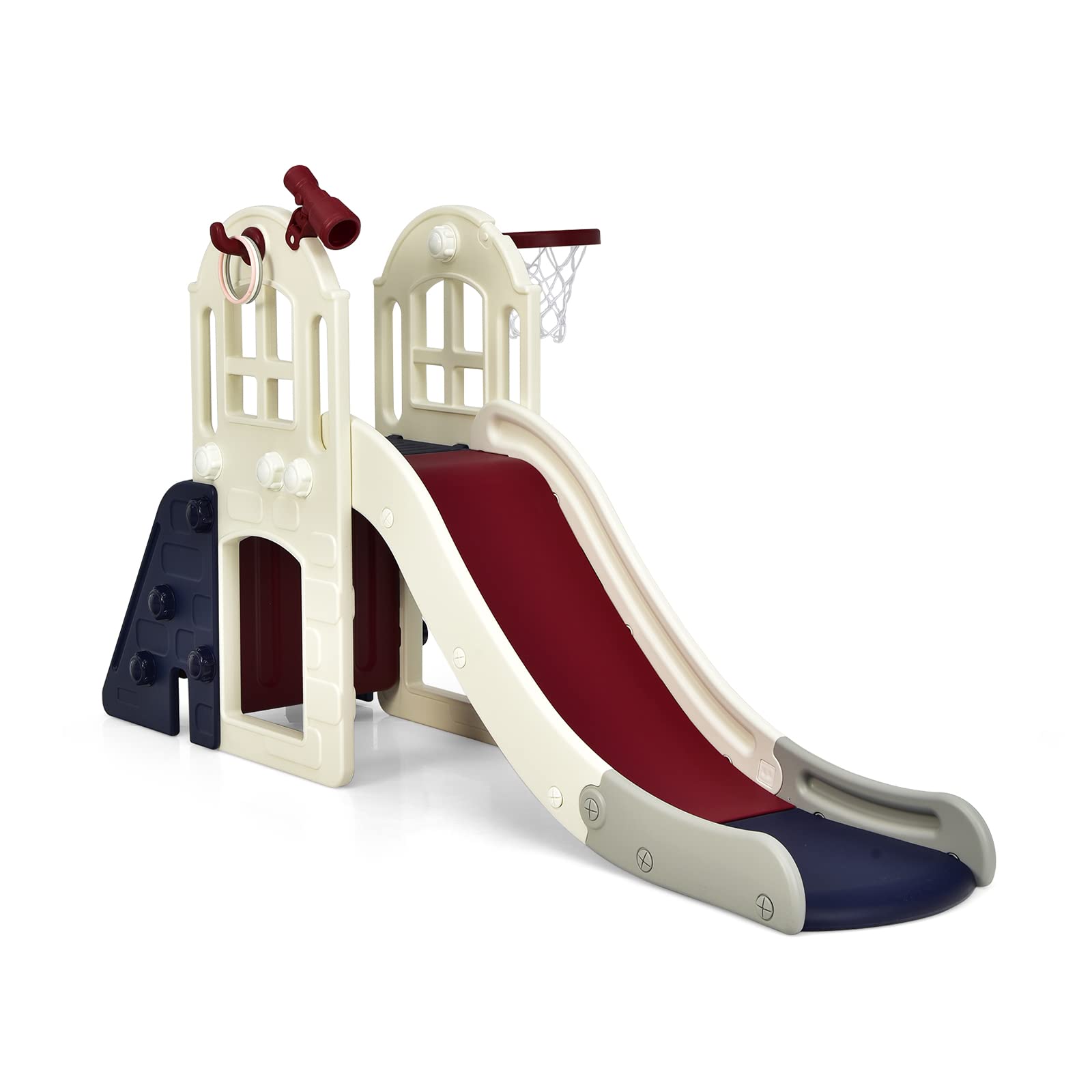 RELAX4LIFE 6 in 1 Scivolo per Bambini, Set Arrampicata Palestra con Canestro da Basket, Tunnel, Lancio dell'Anello, Telescopico, Scivolo per Esterni e Interni in HDPE per 3-8 Anni (Blu slittino)