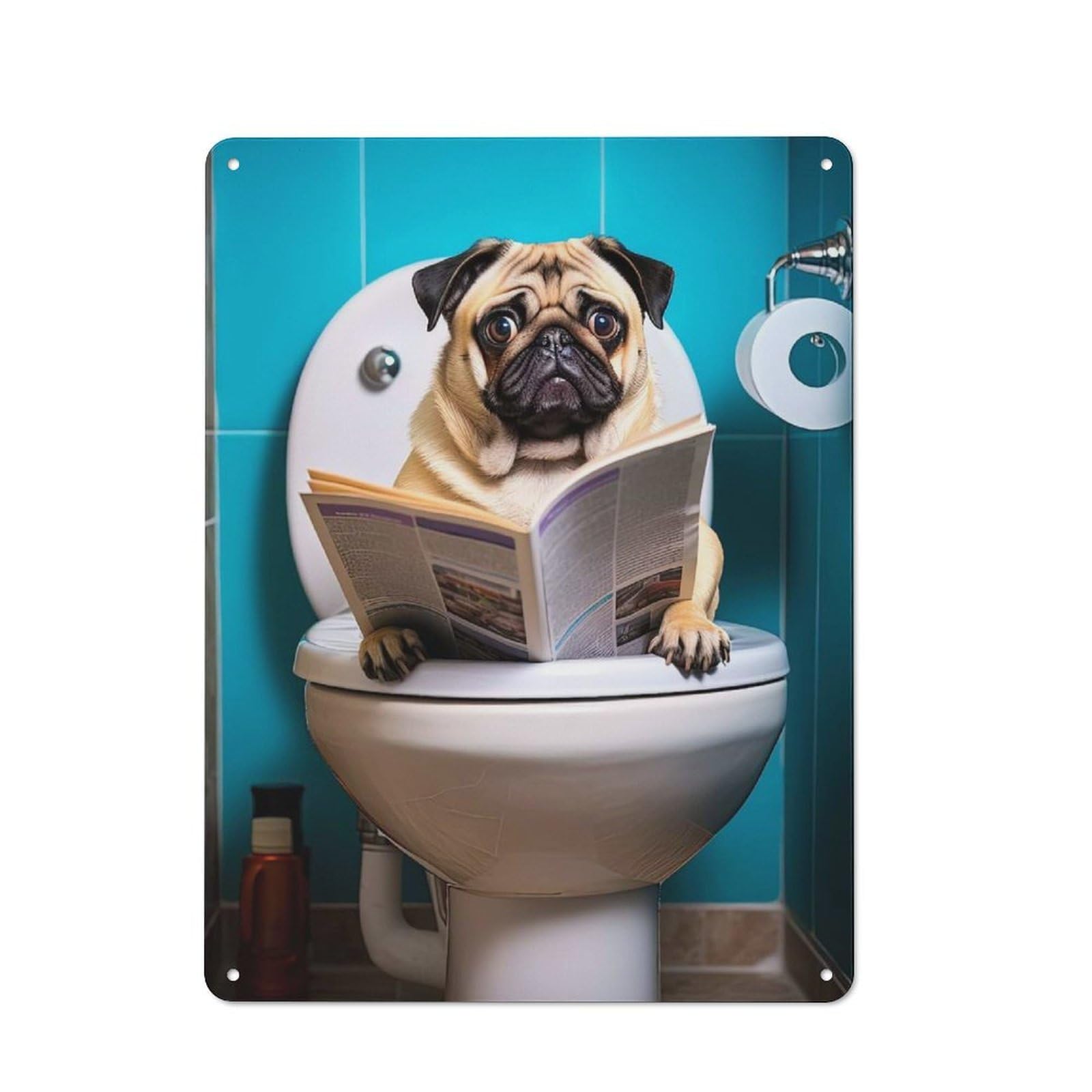 Junmoney Pug Dog On The Toilet Vintage Tin Wall Plaque 40X30cm For Hallway Wall, For Kitchen, Dining Room And Home Bar Wall Decor