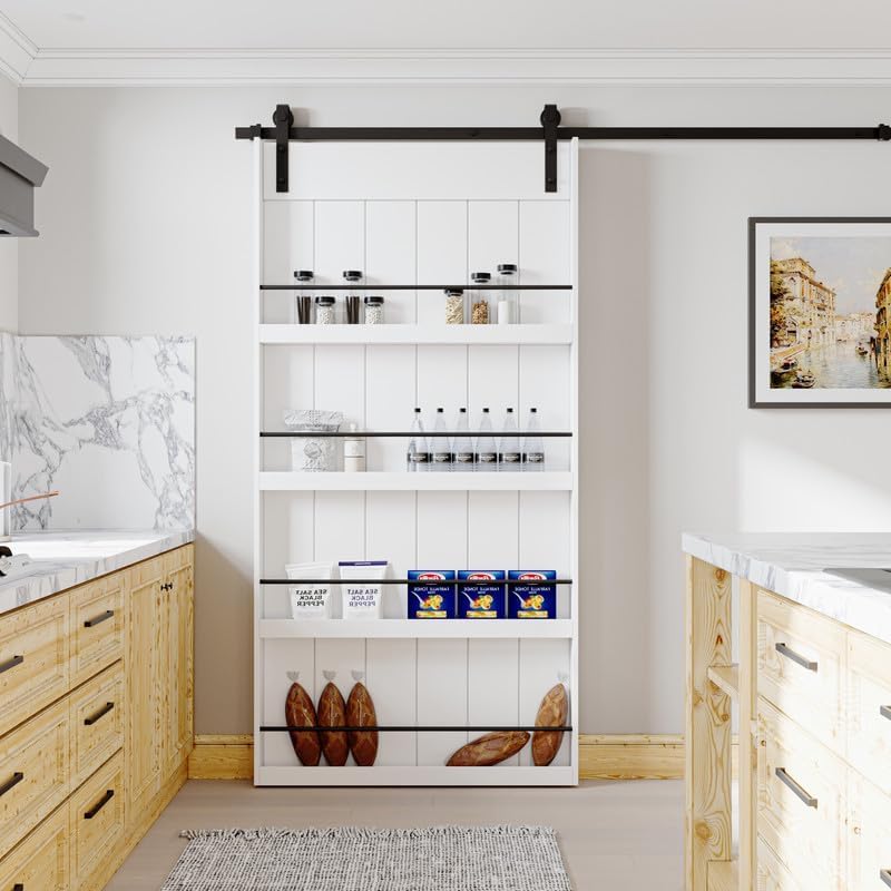 Image of 48 inch x 84 inch Sliding Barn Door with 8FT Hardware Kit Included | Paintable Book Shelf Style Barn Doors, White Primed Composite MDF Shelves, Pre-Drilled Hole, Easy Install