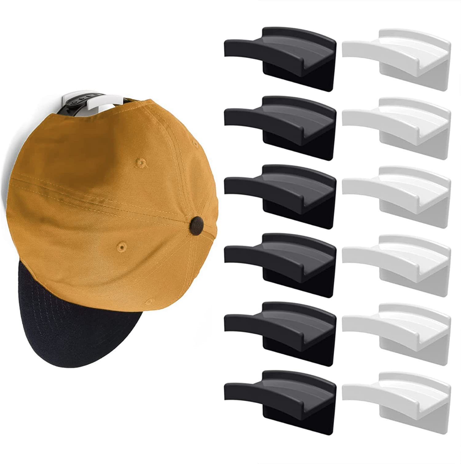 Adhesive Hat Hooks for Wall - Hat Racks for Baseball Caps - Hat Organizer for Baseball Caps - Minimalist Hat Rack Design, No Drilling, Strong Hold Hat Hangers (12 Pcs - Black & White)