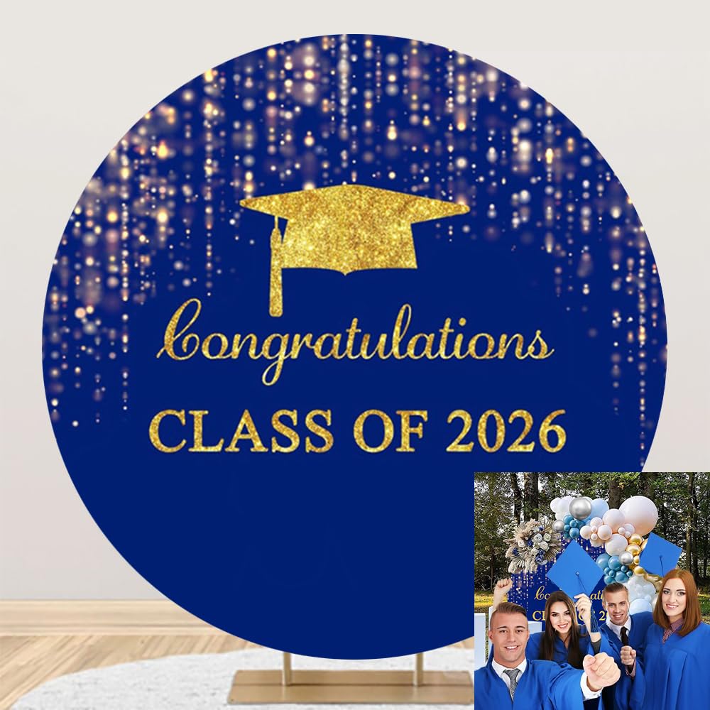 OERJU Graduation Round Backdrop Cover Class of 2026 Backdrop Royal Blue and Gold Glitter Bokeh Congratulation Graduation Decoration Background