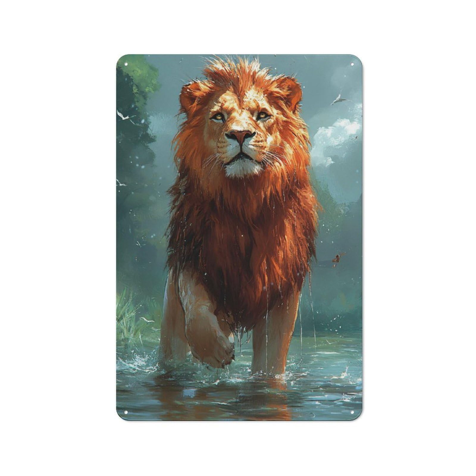 Junmoney Style-2 Tin Wall Plaque 30X20cm With Majestic Lion In Water For Hallway Wall, A Decorative Metal Sign For Hallways And Entrance Areas