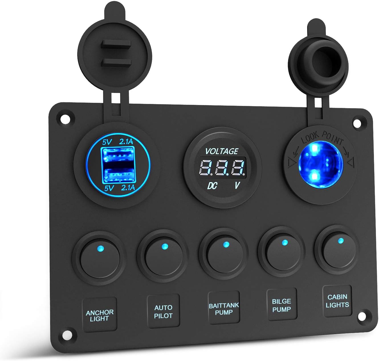 Kriogor 5 Gangs Toggle Switch Panel + 4.2A Dual USB Charger + 6V-30V LED Voltage Display + 12/24V Cigarette Lighter Socket, Waterproof for Car Marine Boat Van Trailer Truck