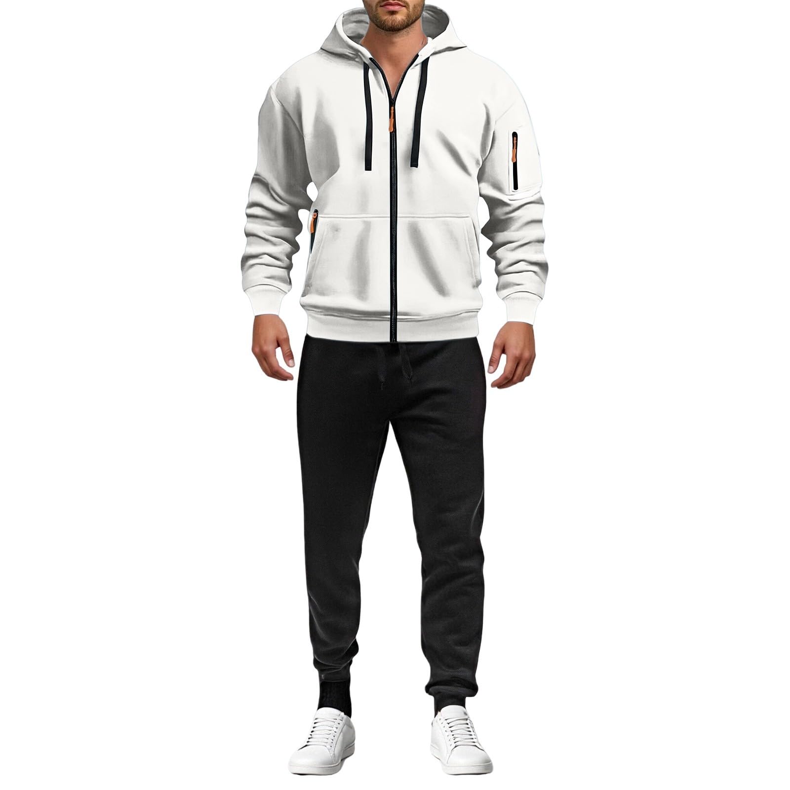 Tuta da jogging da uomo multitasche con cappuccio, tinta unita, traspirante, felpa e pantaloni della tuta, set per abbigliamento sportivo casual e relax invernale